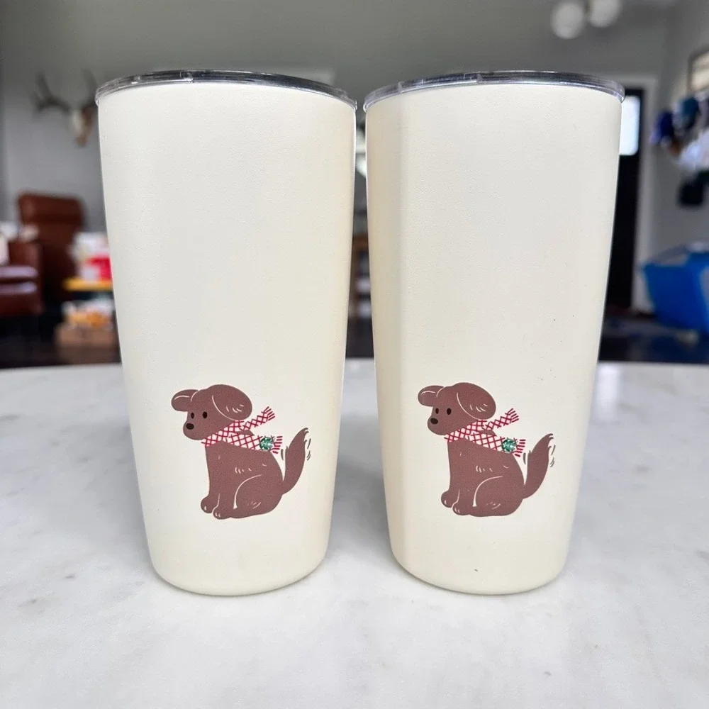 Starbucks MiiR 16oz Tumbler Set Cream Brown Dog Scarf Insulated Stainless Steel